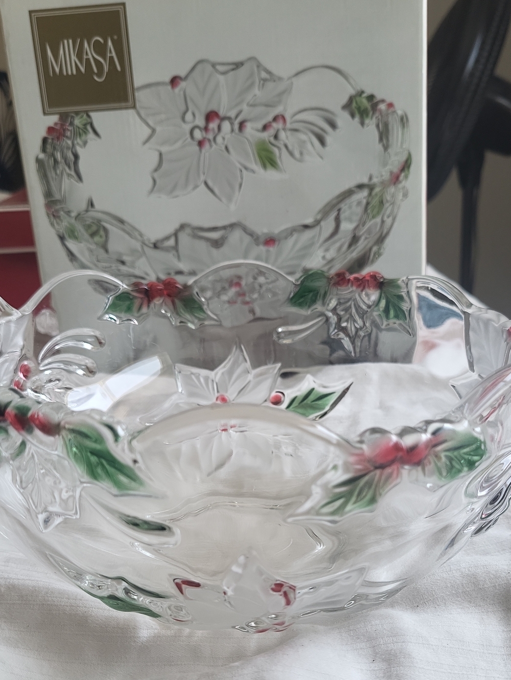 Mikasa Holiday Poinsettia Clear Glass Bowl with Red & Green Accents